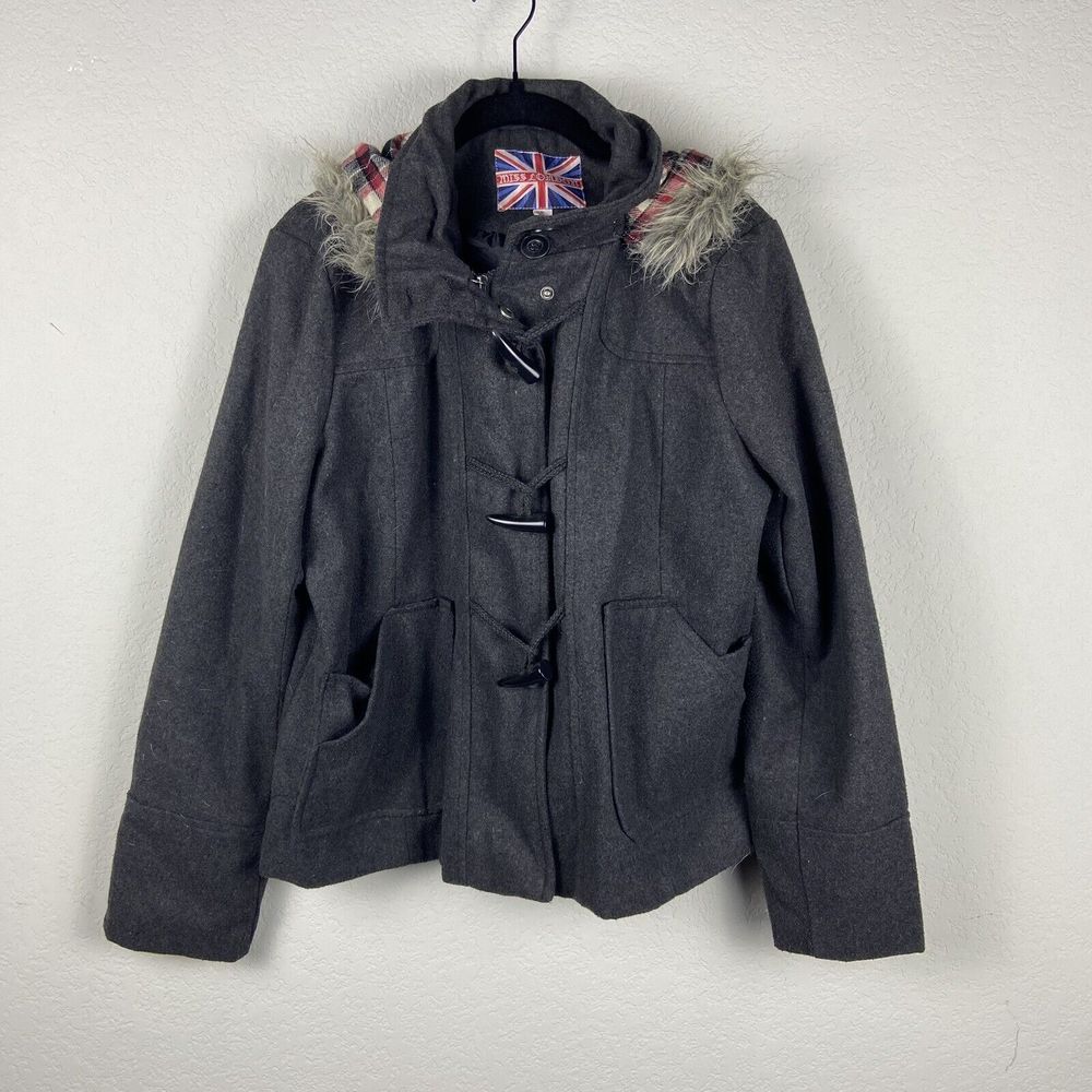 Miss London Bomber Jacket Hooded Wool Blend Dark Gray  Size XL Faux Fur Trim